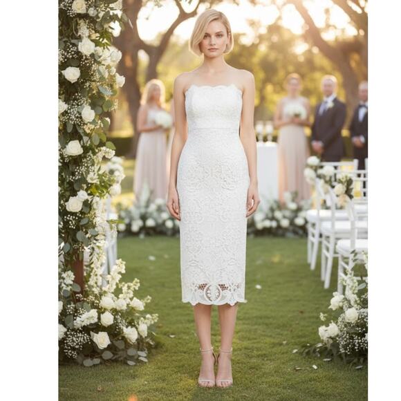 Badgley Mischka Strapless Lace Midi Dress 8 NWT - Picture 1 of 10